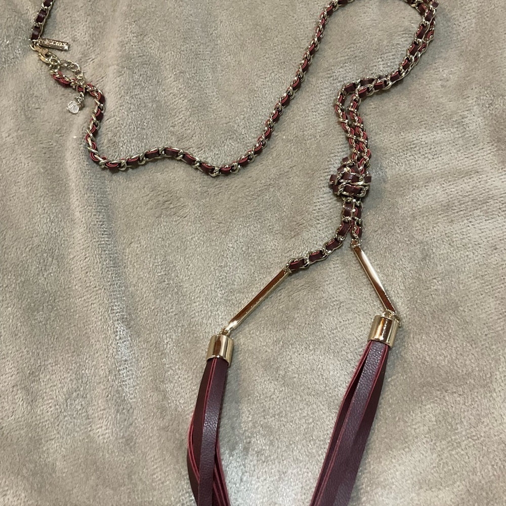 White House Black Market Burgundy & Gold Chain with Burgundy Leather Tassels